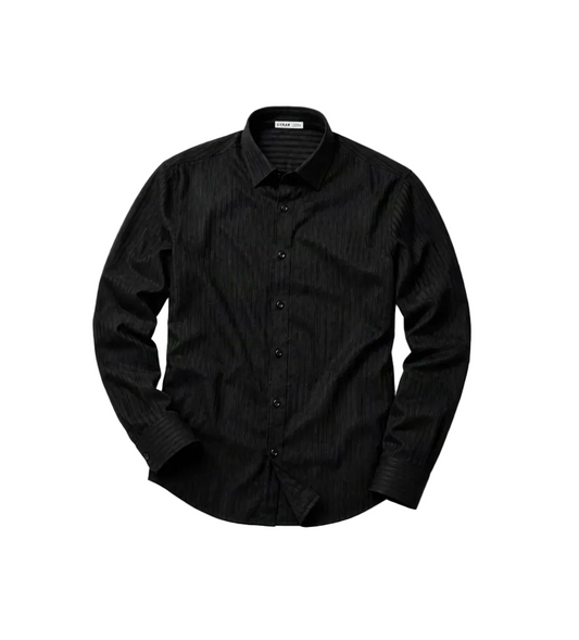 A black long-sleeve button-down shirt with a subtle vertical textured stripe pattern, presented on a light gray background.